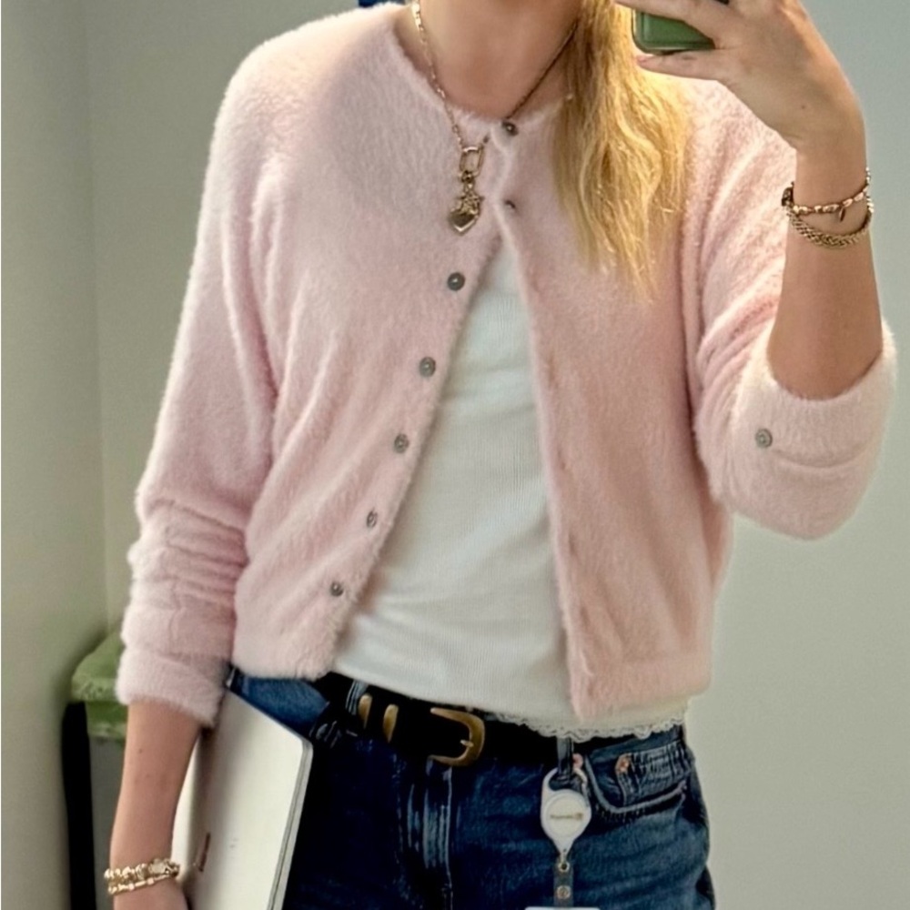 Free People Pale Pink Fuzzy Button Cardigan